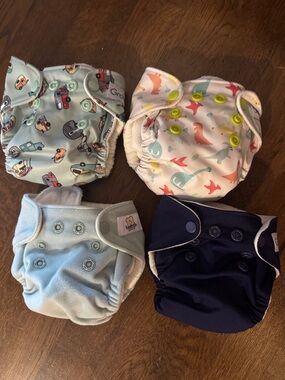 Reusable Kids Diaper and Cover Set - Blue, Navy, Aqua, White Dino & Car Prints
